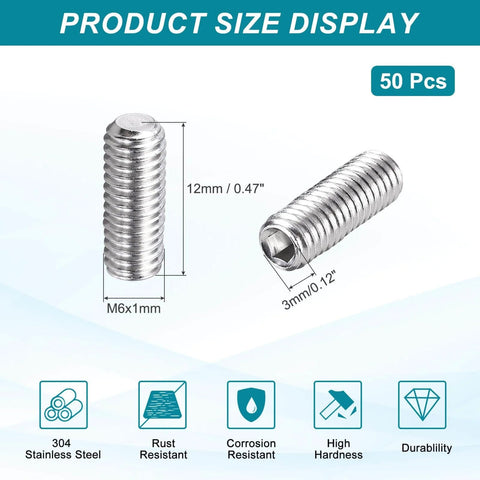 50 Pcs M6-1 X 12mm Grub Screws 304 Stainless Steel Cup Point Allen Head Screws Internal Hex Socket Drive for Bathrooms, Furniture DIY Projects