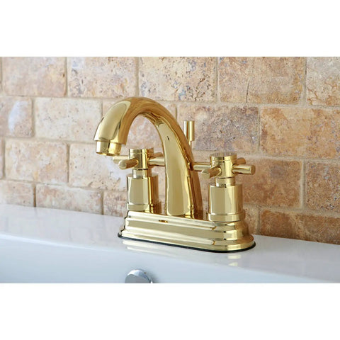 Beefy 4 Inch Centerset Bathroom Faucet With Twin Brass Handles, 4.5-Inch Spout Reach, Polished Brass Finish installed on a sink