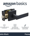 Contemporary Stamford Matte Black Passage Door Lever With Easy Installation And Reversible Handle shown in Amazon Basics packaging