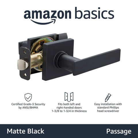 Contemporary Stamford Matte Black Passage Door Lever With Easy Installation And Reversible Handle shown in Amazon Basics packaging