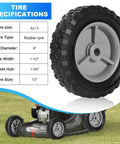 6 Inch Beefy Heavy Duty Rubber Wheel Set Two Pack With Half Inch Bore And 1.5 Inch Wide, 100 Pound Capacity Per Wheel, Fits Oregon 72 106 72 108 Craftsman AYP MTD Radio Flyer Wagons Gray, close-up view and tire specifications chart
