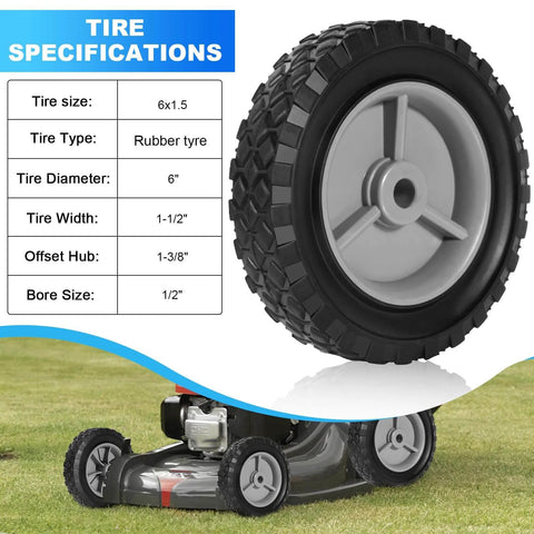 6 Inch Beefy Heavy Duty Rubber Wheel Set Two Pack With Half Inch Bore And 1.5 Inch Wide, 100 Pound Capacity Per Wheel, Fits Oregon 72 106 72 108 Craftsman AYP MTD Radio Flyer Wagons Gray, close-up view and tire specifications chart