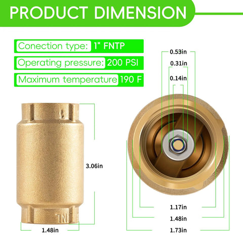 Brass 1-inch FNPT check valve with backflow preventer; front and side views show dimensions, 200 PSI max, 190°F max.