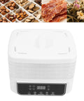 Top Shelf Five Tray Electric Food Dehydrator Featuring Killer 360 Airflow And Smart Controlled Digital Timer To Nail Fresh Fruit Veggies Meat And Healthy Homemade Snacks Daily viewed from above with control panel.