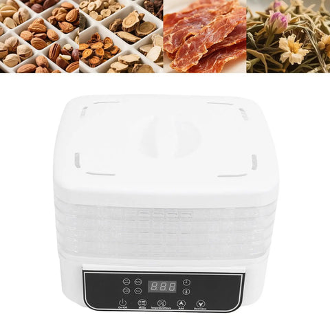Top Shelf Five Tray Electric Food Dehydrator Featuring Killer 360 Airflow And Smart Controlled Digital Timer To Nail Fresh Fruit Veggies Meat And Healthy Homemade Snacks Daily viewed from above with control panel.