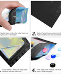 Close-up of black Mylar holographic bags showing resealable zipper, polyethylene material, 2.4x3.9 inches, 100 pieces.