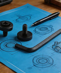 Beefy Lock Bolt Clamp Screw Replacement Kit 265674-6 for DTM50 and TM3000C with hex key on blueprint background