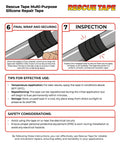 Diagram showing securing and inspection steps using Self-Fusing Silicone Rescue Tape For Emergency Plumbing And Radiator Hose Repair.