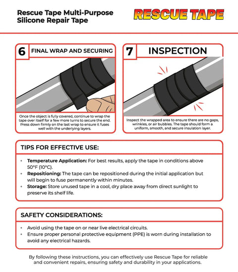 Rescue Tape Self Fusing Silicone Tape demonstration on pipe, showing final wrap and inspection steps for plumbing repair.