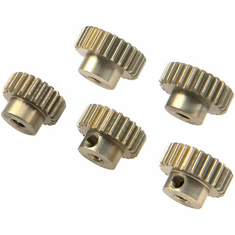 Five-pack of Beefy 7075 Aluminum 48P Pinion Gear Set 23T 24T 25T 26T 27T for 3.175mm Shaft compatible with RC cars.