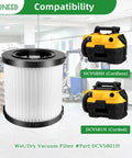 Two Pack HEPA Filter Set For 20V MAX Wet Dry Vac DCV580H DCV581H alongside compatible vacuums in workshop setting