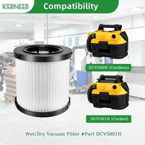 Two Pack HEPA Filter Set For 20V MAX Wet Dry Vac DCV580H DCV581H alongside compatible vacuums in workshop setting