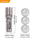 A28 Gen 2 Pocket Flashlight 1000 Lumen USB C Rechargeable With 365nm UV Blacklight Magnetic Clip shown with size comparison to coins.