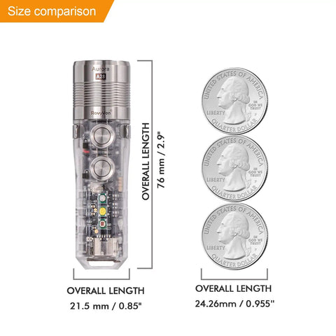 A28 Gen 2 Pocket Flashlight 1000 Lumen USB C Rechargeable With 365nm UV Blacklight Magnetic Clip shown with size comparison to coins.