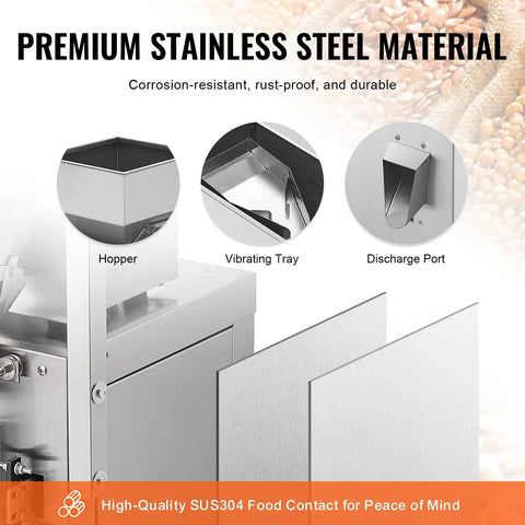 Close-up of the Straight Up Automatic Weighing And Sealing Bag Packing Machine For Flours Beans Grains 1 To 100 Grams showing stainless steel hopper and discharge port.