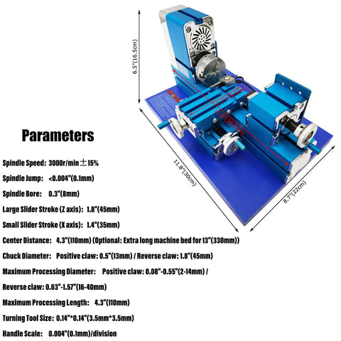 WYDDDARY Mini Metal Lathe Machine 3000RPM High-Speed Spindle With Three Jaw Chuck, showing dimensions and parameters for hobby woodworking.