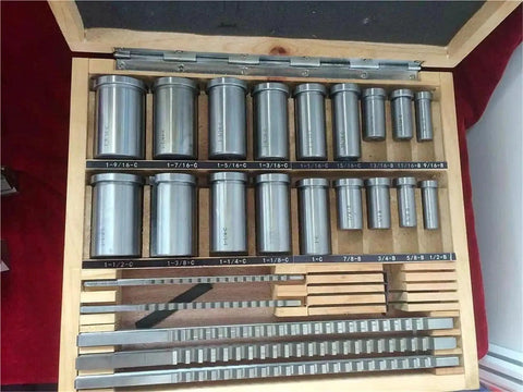 Pro Grade 30-Piece HSS Groove Keyway Broach Set For Machinists Includes 5 Grooving Broaches 18 Bushings And 7 Spacers shown in wooden box