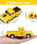 Sunflower Metal Farm Truck Decor Set Of Four With Large And Mini Sunflowers Vintage Diecast Style Pickup on hand with size dimensions