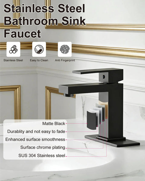 No Brainer Install Matte Black Bathroom Faucet With Deck Plate Kit displayed on white sink, highlighting features.