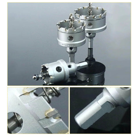 Pro Grade Carbide Tipped Hole Saw Set For Metalworking, 16 To 53mm Drill Bits With Wrench, close-up of carbide teeth