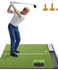 Indoor Outdoor Golf Practice Mat With Built In Ball Tray And Alignment Line, 5 By 4 Ft, 26mm Thick Turf, golfer swinging club