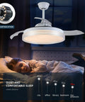 42 Inch Dope Retractable Blades Ceiling Fan With Lights above sleeping child, dimmable, white finish, shows quiet operation