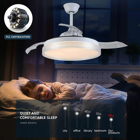42 Inch Dope Retractable Blades Ceiling Fan With Lights above sleeping child, dimmable, white finish, shows quiet operation