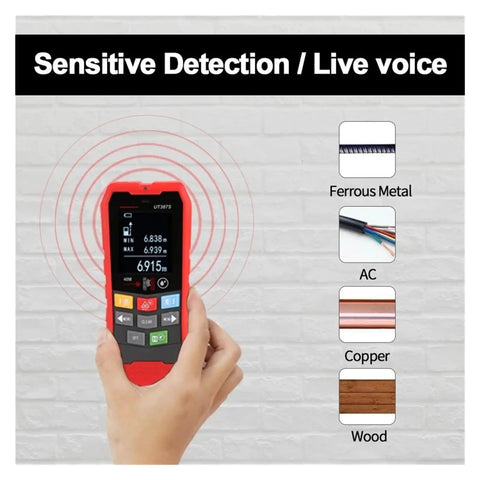 Straight Up Finds Wood Studs And Live Wires Without Any Guesswork Top Grade Wall Scanner held in hand detecting materials.