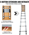 Telescoping Attic Ladder With 350 Lb Capacity, 39.37 By 23.6 Inch Opening, Lightweight Aluminum Extension For Easy Attic Access, Multi Purpose Portable And Durable, Fits 9.8 To 10.5 Foot Ceilings, Three Step Easy Install. Extended aluminum attic ladder with automatic locking