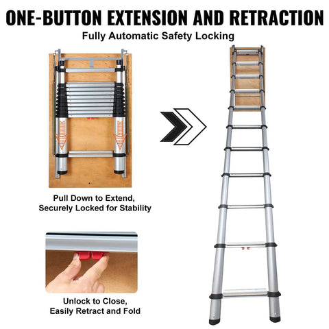 Telescoping Attic Ladder With 350 Lb Capacity, 39.37 By 23.6 Inch Opening, Lightweight Aluminum Extension For Easy Attic Access, Multi Purpose Portable And Durable, Fits 9.8 To 10.5 Foot Ceilings, Three Step Easy Install. Extended aluminum attic ladder with automatic locking