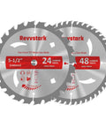 Front view of Revvstark 5-1/2 inch circular saw blades, 24T and 48T carbide teeth, 10mm arbor, pair