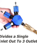 3 Way Air Splitter Manifold With Industrial Couplers And Plugs For Air Compressor Hose held in hand, showing three outlets
