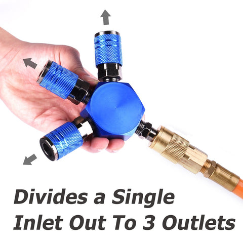 3 Way Air Splitter Manifold With Industrial Couplers And Plugs For Air Compressor Hose held in hand, showing three outlets