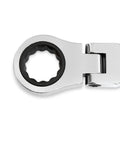 Close-up of 10-Pc Metric Stubby Flex-Head Ratcheting Wrench Set showing 12-point flex head with durable chrome finish