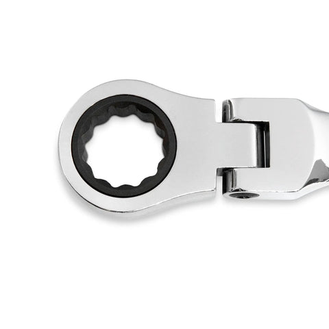 Close-up of 10-Pc Metric Stubby Flex-Head Ratcheting Wrench Set showing 12-point flex head with durable chrome finish