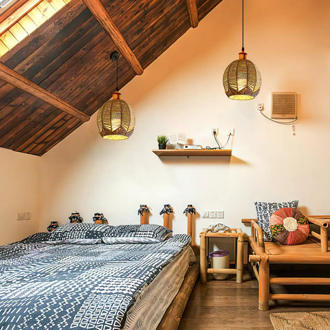 Bedroom with Vintage Rattan Pendant Light Shade Set For Home Cafe And Teahouse Decor, handwoven wicker basket lampshades.