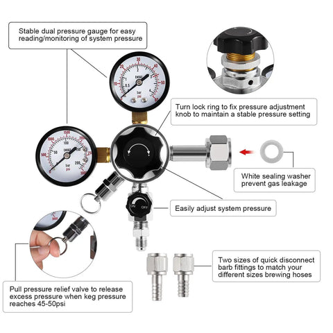 Beefy Dual Gauge CO2 Regulator For Kegerator With Heavy Duty Brass Body Safety Relief Valve CGA 320 Compatible details