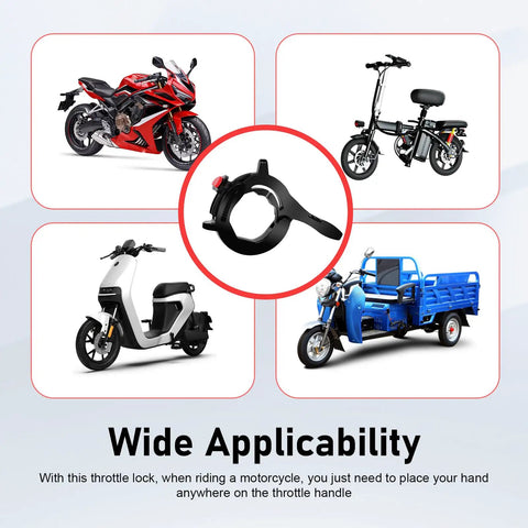 Heavy Duty Motorcycle Throttle Lock With Anti Slip Cushion Grip That Provides Dead Simple Cruise Control For Chill Highway Rolling On Street Bikes Scooters And E Bikes displayed with various vehicles.