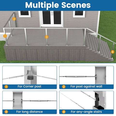 One Eighth Inch Cable Railing Hardware Kit DIY Ready With Drop Pin Turnbuckle Tensioners For Metal One Post Corners And Stairs, Stainless Steel T316 Deck Cable Railing System With 180 Degree Adjustable Angles, 20 Pack CK21, multiple scenes illustration