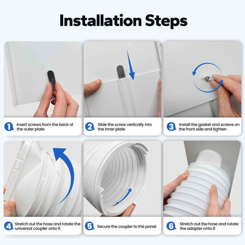 Installation steps for Portable AC Window Vent Kit With 5.9 Inch Exhaust Hose And 5.9 Inch Coupler Bird Guard Adjustable Window Seal.