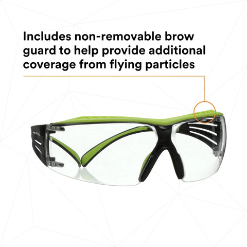 SecureFit 400X Safety Glasses With Anti Fog And Anti Scratch Clear Lenses ANSI Z87 Rated Green And Black Frame Brow Guard