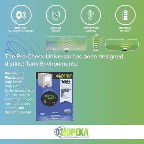 Pro Check Universal Sensor Bluetooth Ultrasonic Tank Level Sensor For Aluminum Plastic And Poly Tanks Up To 250 Gallons A Smart Real Time Readout For Propane Grills Water Tanks And Campers displayed with Bluetooth features and installation instructions