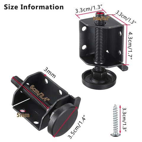 Heavy Duty Adjustable Furniture Leveler Feet With Corner Edge Guards And Tight Lock Nuts Squashes Wobbly Furnishings, dimensions shown.