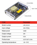 Heavy Duty 24V 150W Switching Power Supply Pushing A Solid 6.5 Amps Low Profile Chassis with product dimensions.