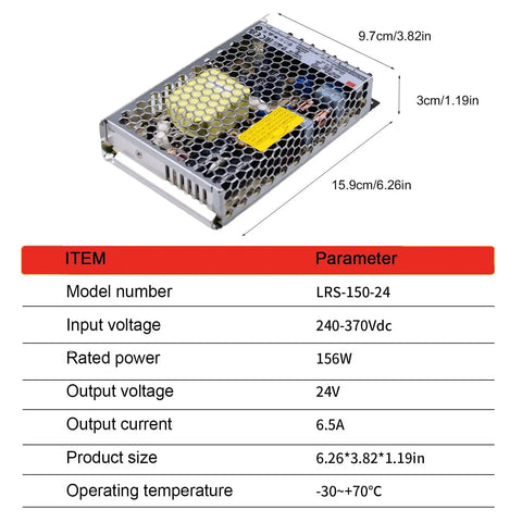 Heavy Duty 24V 150W Switching Power Supply Pushing A Solid 6.5 Amps Low Profile Chassis with product dimensions.