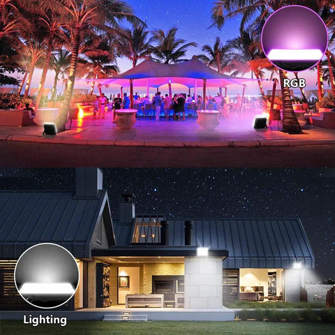 2 Pack 60W RGBW LED Flood Lights with Bluetooth App Control, IP66 Waterproof Outdoor Security Lighting at patio event