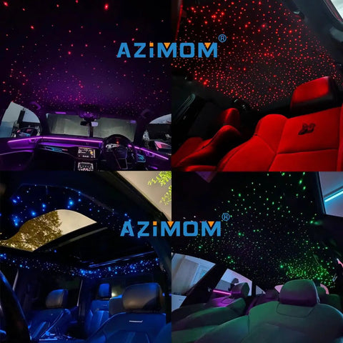 Twinkle And Sound Activated Fiber Optic Star Ceiling Kit For Cars And Indoor Spaces, 150 Strands Of 0.03 Inch Diameter 6.5 Foot Fibers, 16W RGBW Light Engine, Remote And App Control, End Glow Starry Sky Decoration installed in a car with changing colors.