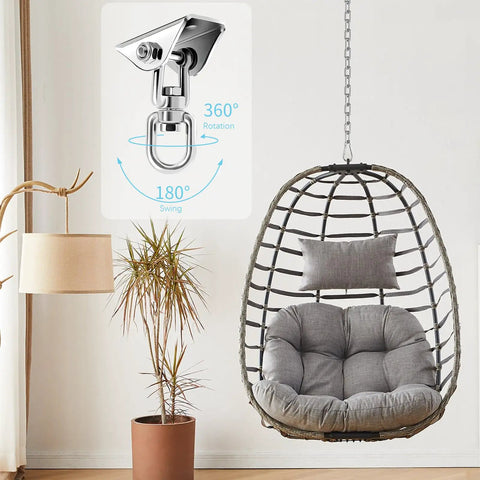 Hammock chair setup with heavy duty hammock hanging kit featuring 360 degree swivel and steel chain, suitable for indoor use.