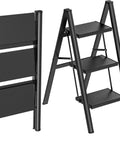 3 Step Aluminum Folding Ladder With Wide Anti Slip Pedals, Lightweight Portable Step Stool For Home, Garage, And Workshop, folded and open black ladder views