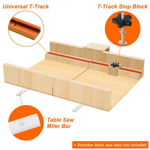 Crosscut Sled Kit For Table Saws With Two Aluminum T Track And Two UHMW Miter Bars Knob And Bolt And Screws For Woodworking DIY Pro Grade Heavy Duty Shop Ready shown with labeled T-track and miter bar.